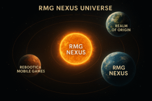 RMG Nexus sci fi network illustrated as a solar system with Realm of Origin and Rebootica planets