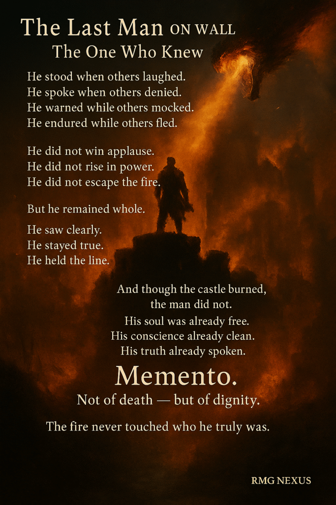 The Last Man on the Wall – digital painting of a lone figure guarding a ruined city, representing isolation and strength