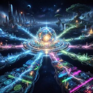 A futuristic nexus glowing with energy, uniting sci fi stories, sci fi short stories, and science fiction novels into one interconnected multiverse: RMG Nexus.