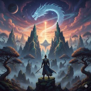 A cultivator channels energy from a celestial dragon, representing xianxia cultivation, cultivation stories, and progression fantasy in the Realm of Origin