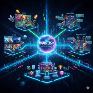 A neon digital hub of Rebootica Mobile Games, showcasing best free mobile games, best online mobile games, mobile browser games, and community features.